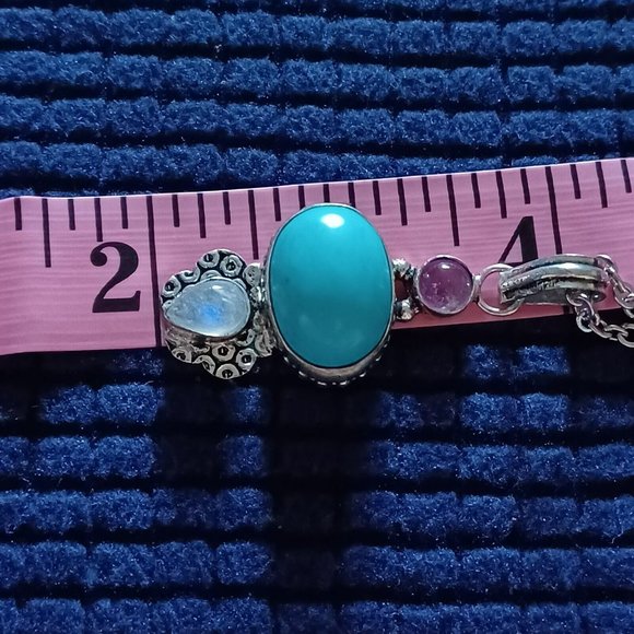 Womens/Teen Necklace Silver Tone with Faux Turquoise & Moonstone 16" - Picture 3 of 6